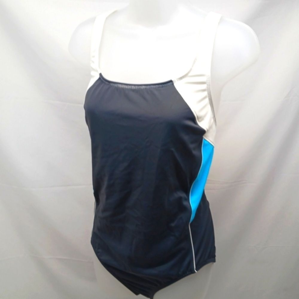Lands' End Women's  Tugless X-Back One Piece Swimsuit 14/DDD. Grey/Blue/White...